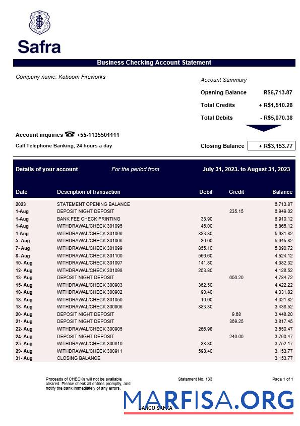 Printable Banco Safra business statement Word and PDF template
